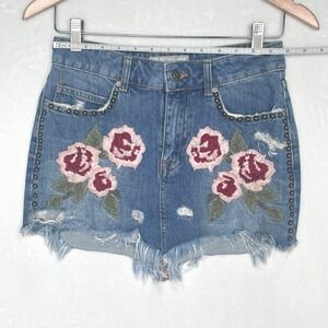 Free People Blue Denim Mini Skirt with Floral Embroidery